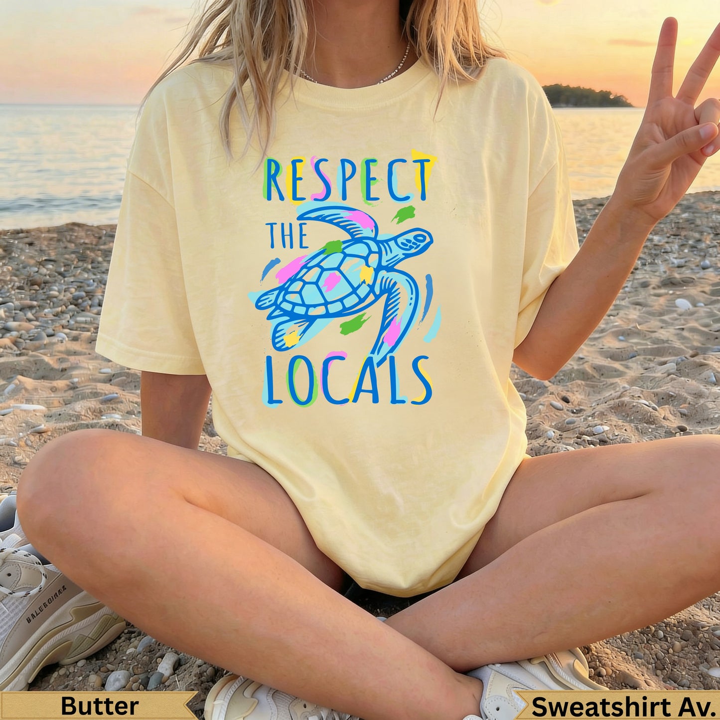 Yellow t-shirt with "Respect the Locals" text and a colorful sea turtle graphic.
