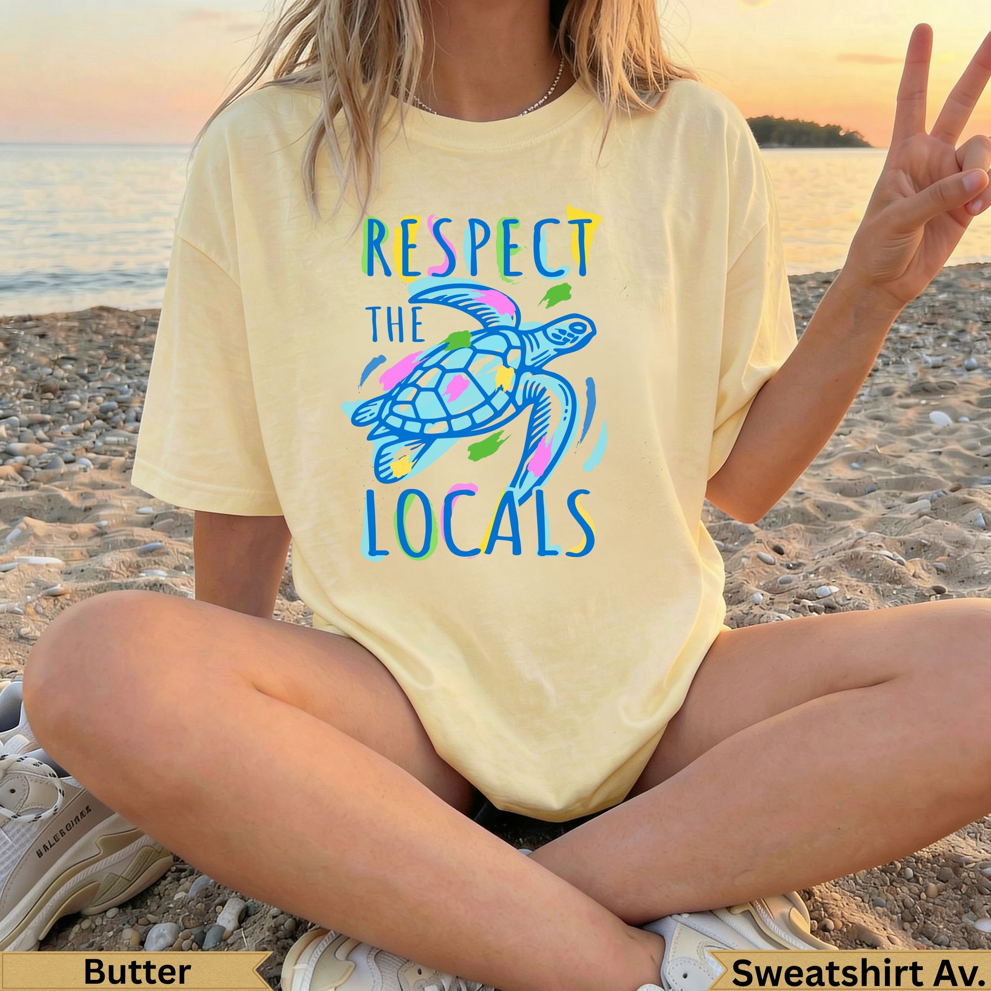 Yellow t-shirt with "Respect the Locals" text and a colorful sea turtle graphic.