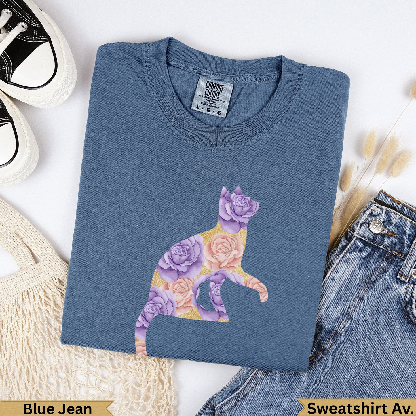 Blue Jean comfort colors t-shirt with a floral cat graphic.