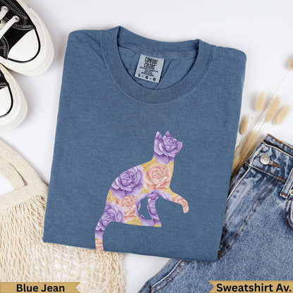 Blue Jean comfort colors t-shirt with a floral cat graphic.