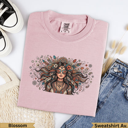 Pink Comfort Colors sweatshirt with a woman's portrait and floral crown design.