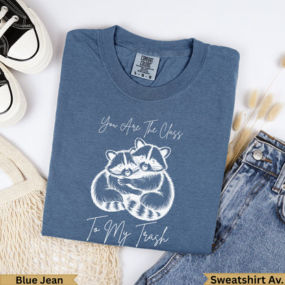 Blue Jean comfort colors sweatshirt with white graphic of two raccoons hugging.