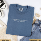 Blue t-shirt with "apparently, i'm an awesome father of the bride" text.