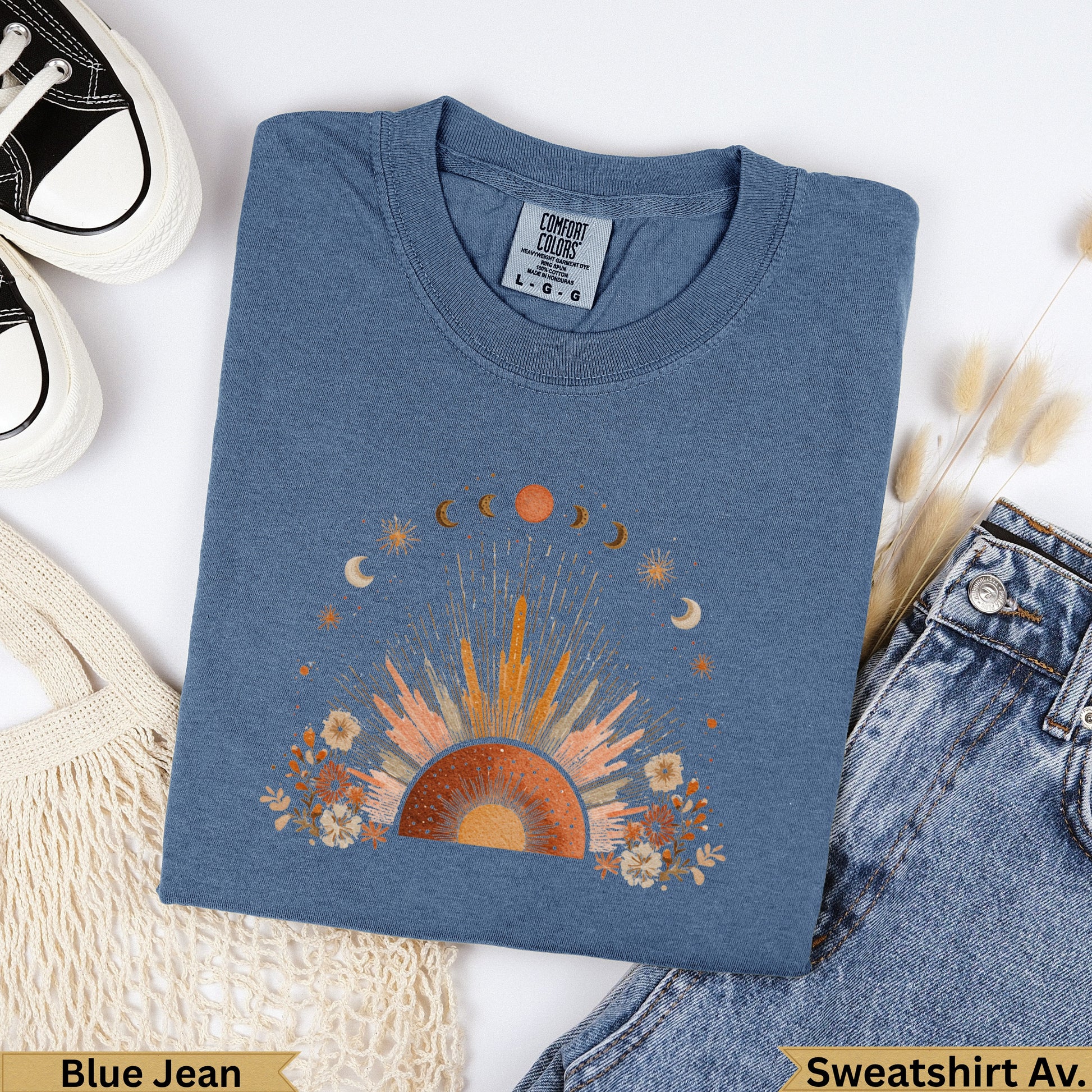 Blue Jean Comfort Colors sweatshirt with sun, moon, and floral design.