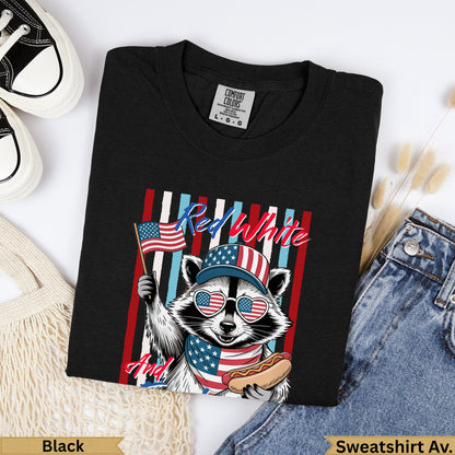 Black t-shirt with patriotic raccoon holding flag and hot dog.