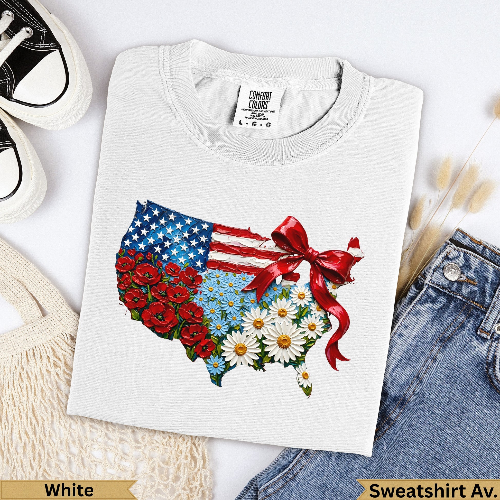 USA map shaped from American flag with red ribbon, poppies, and daisies.