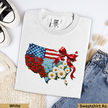 USA map shaped from American flag with red ribbon, poppies, and daisies.