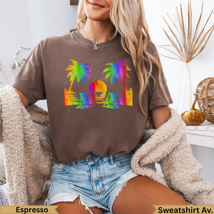 Rainbow palm trees and beach chairs with sunset on brown sweatshirt.
