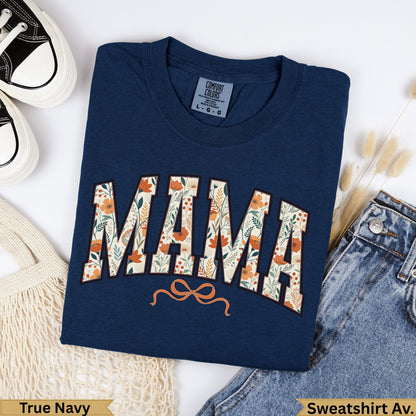 Navy Comfort Colors sweatshirt with "MAMA" graphic and bow detail.