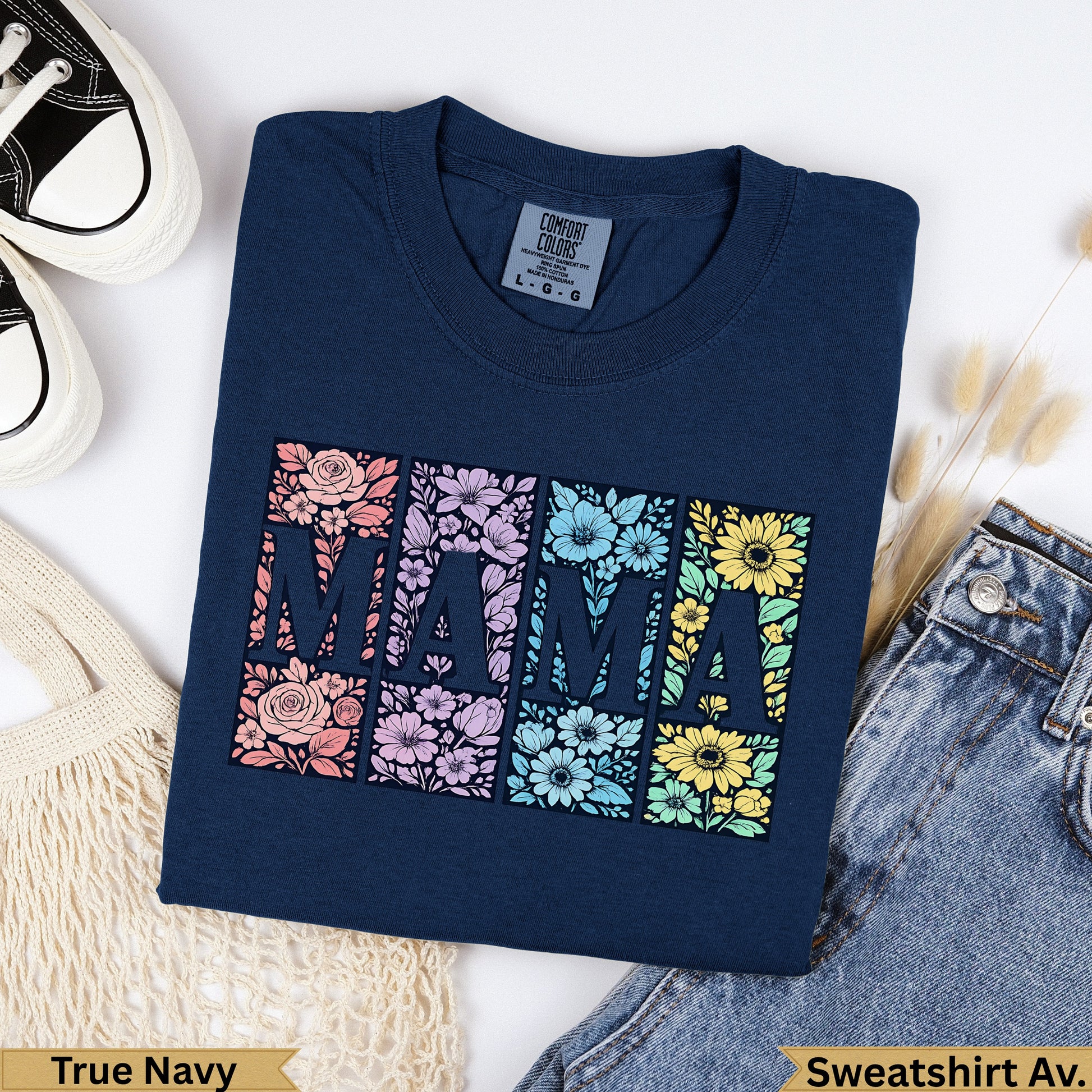 Navy blue sweatshirt with floral "MAMA" design, "True Navy" text.