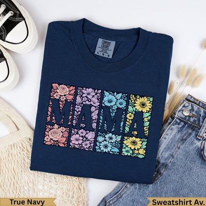 Navy blue sweatshirt with floral "MAMA" design, "True Navy" text.