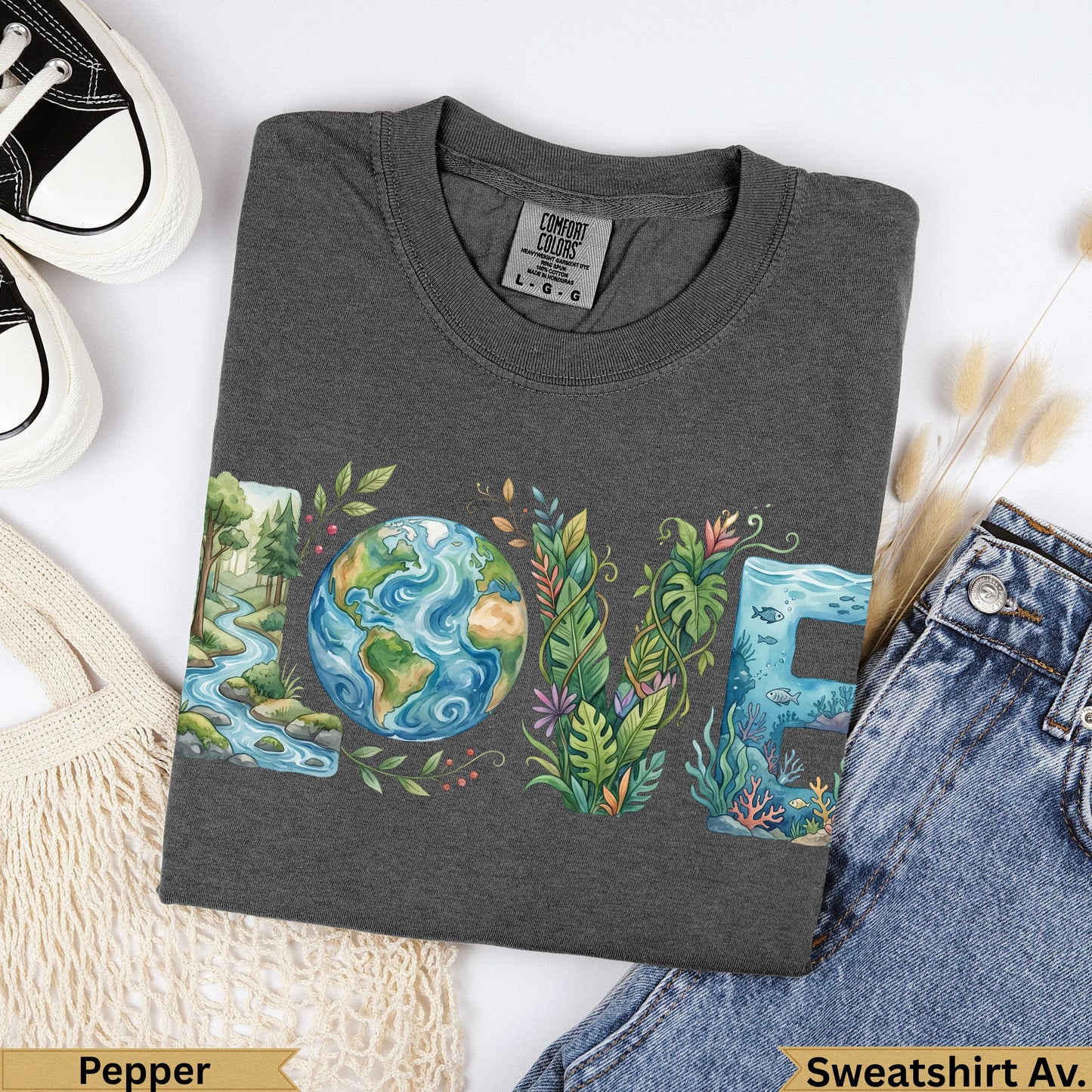 Dark grey sweatshirt with "LOVE" text incorporating earth, plants, and ocean life.