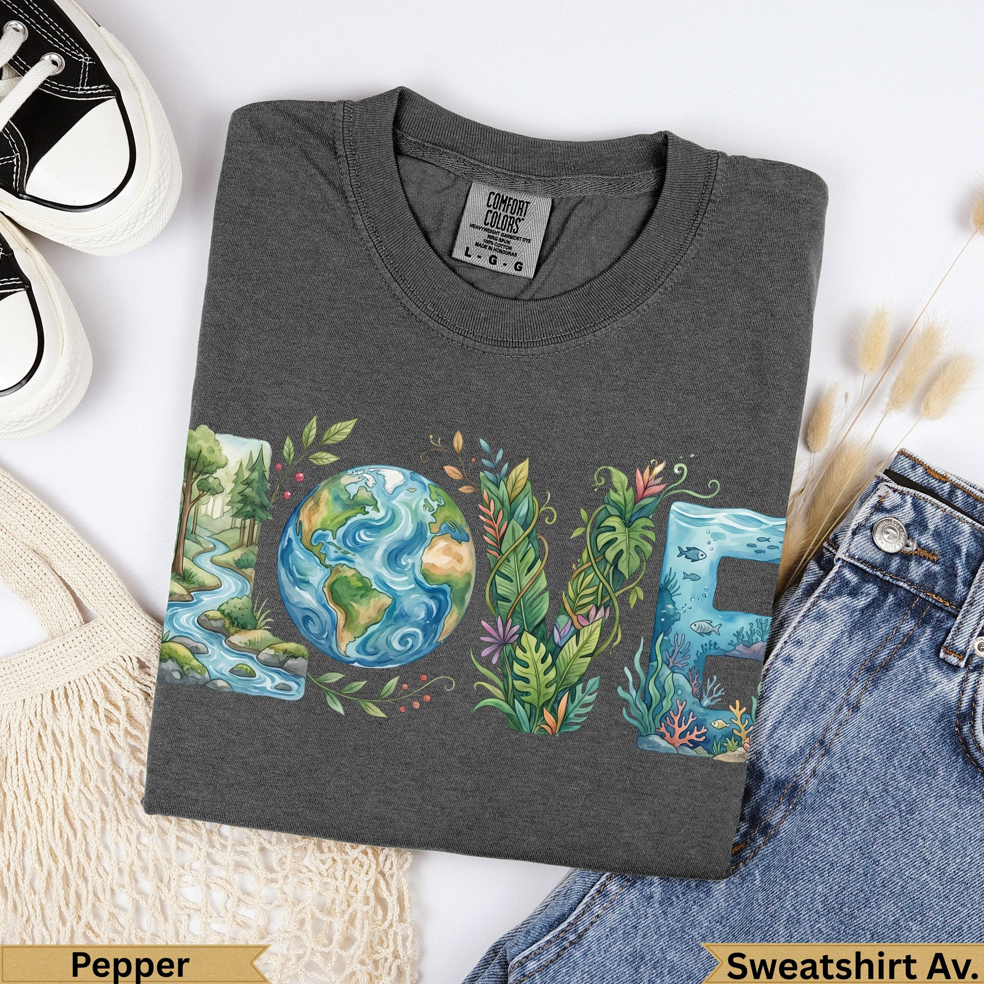 Dark grey sweatshirt with "LOVE" text incorporating earth, plants, and ocean life.