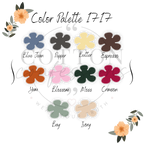 Color Palette 1717 with swatch names: Blue Jean, Pepper, Butter, Espresso, Yam, Blossom, Moss, Crimson, Bay, Ivory.