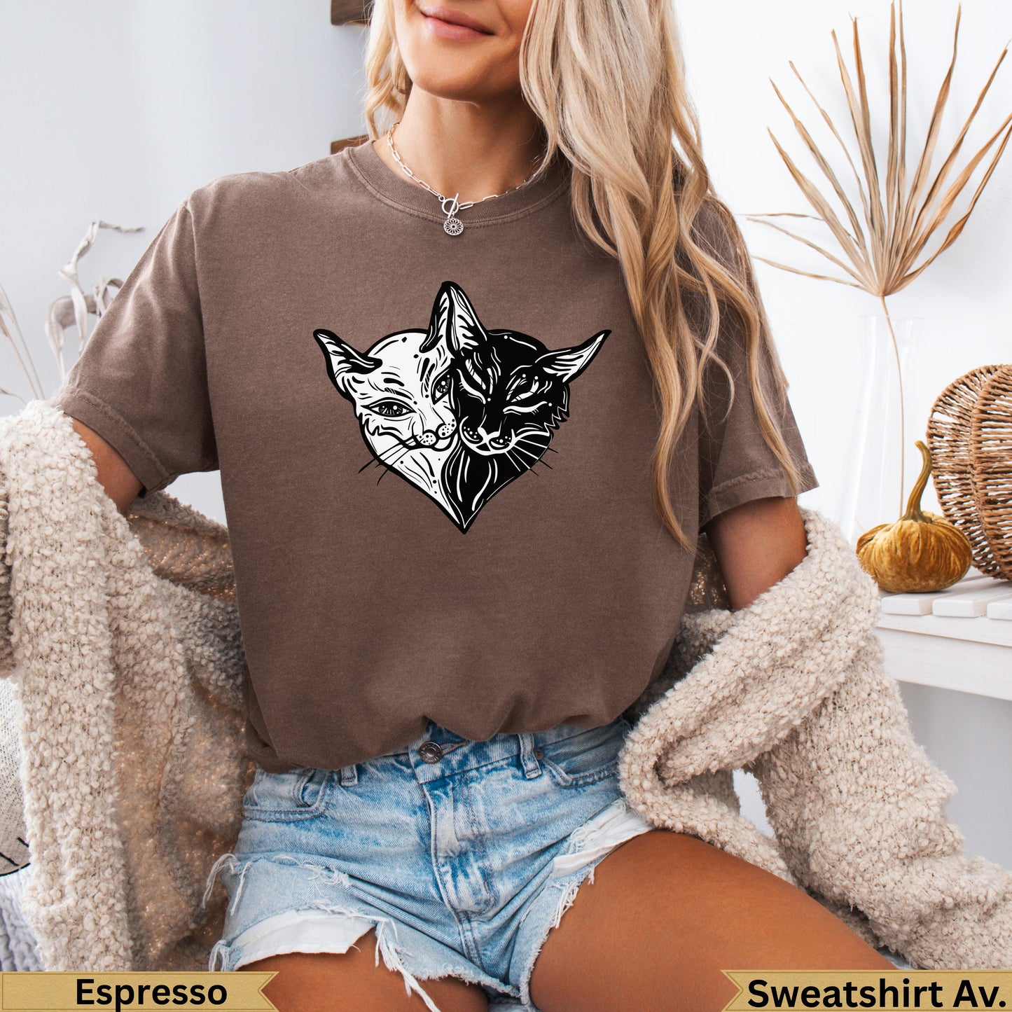 Espresso t-shirt with yin-yang cat graphic.