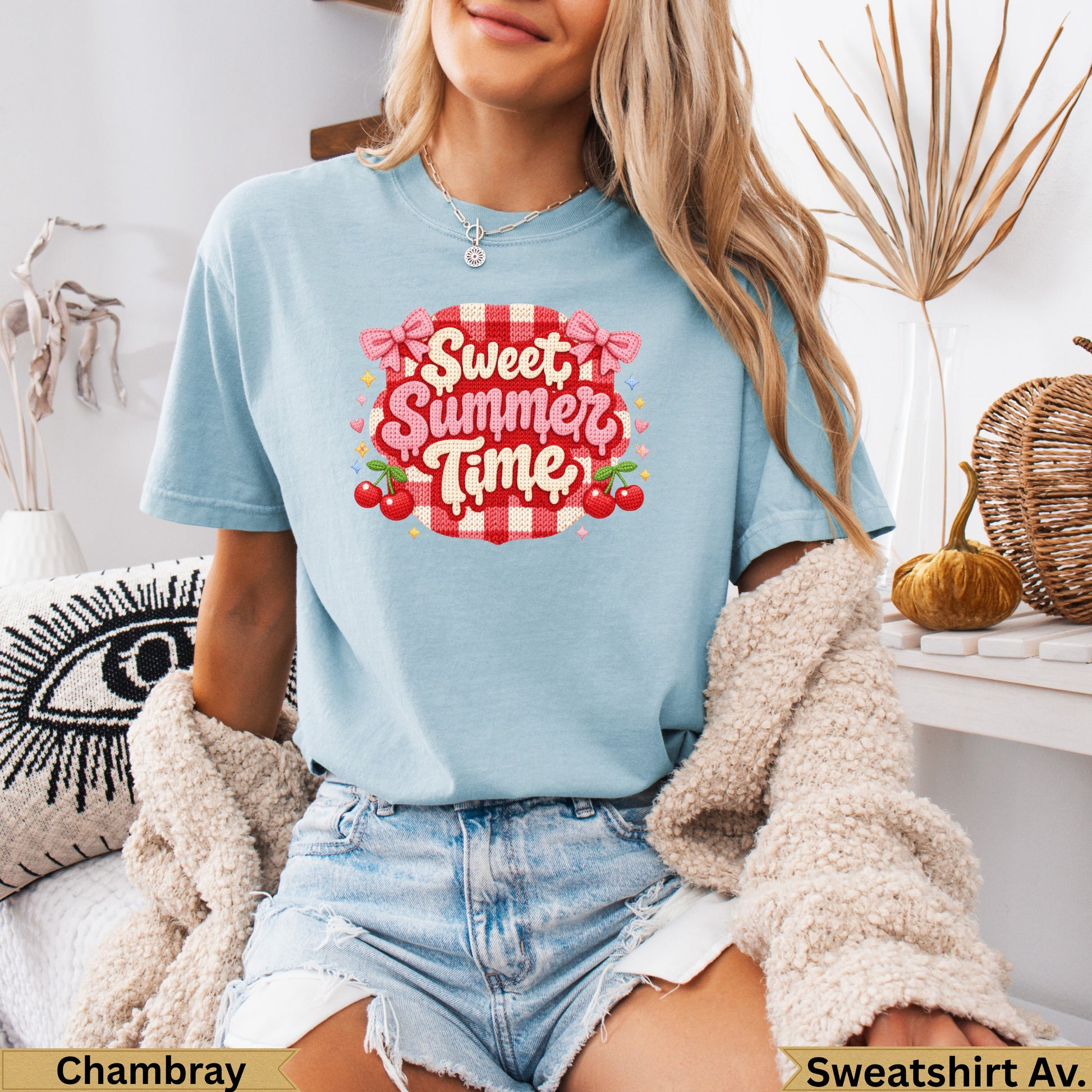 Light blue t-shirt with "Sweet Summer Time" text and cherry graphic.