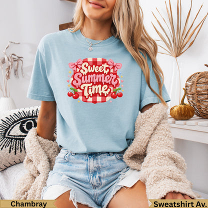 Light blue t-shirt with "Sweet Summer Time" text and cherry graphic.