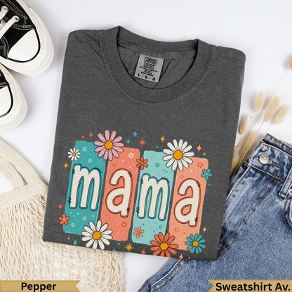 Dark gray t-shirt with "mama" in colorful floral blocks.