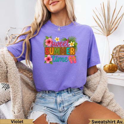 Purple t-shirt with "Sweet Summer" text and floral accents.