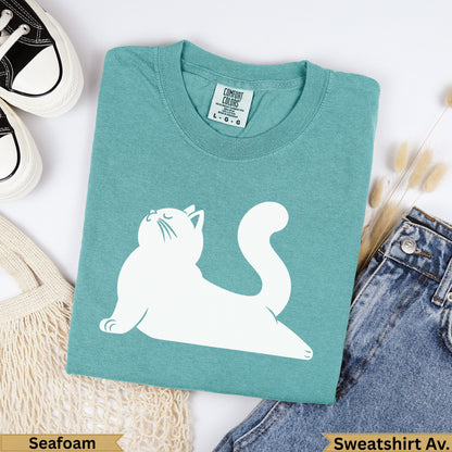 Seafoam Comfort Colors t-shirt with white cat graphic and "Seafoam" text.