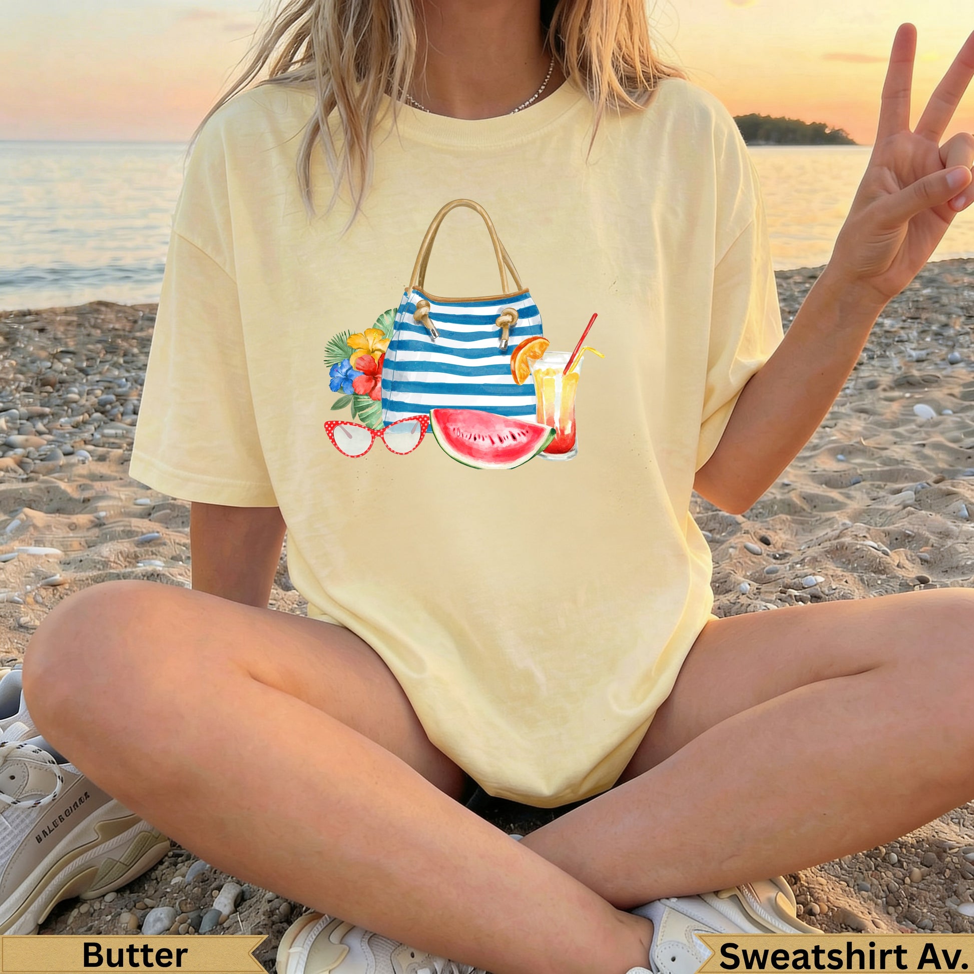 Yellow t-shirt with watercolor beach bag, sunglasses, and drink graphic.