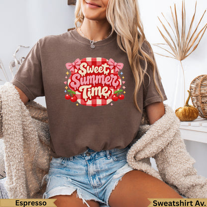 Brown t-shirt with "Sweet Summer Time" graphic featuring cherries and gingham pattern.