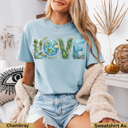 Light blue t-shirt with "LOVE" spelled out in nature-themed illustrations.