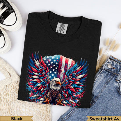 Black t-shirt with patriotic eagle graphic and wings spread.