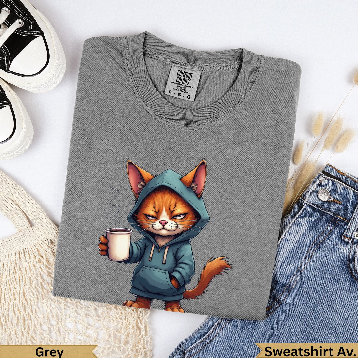 Grey hooded sweatshirt featuring a cartoon cat holding a coffee mug.
