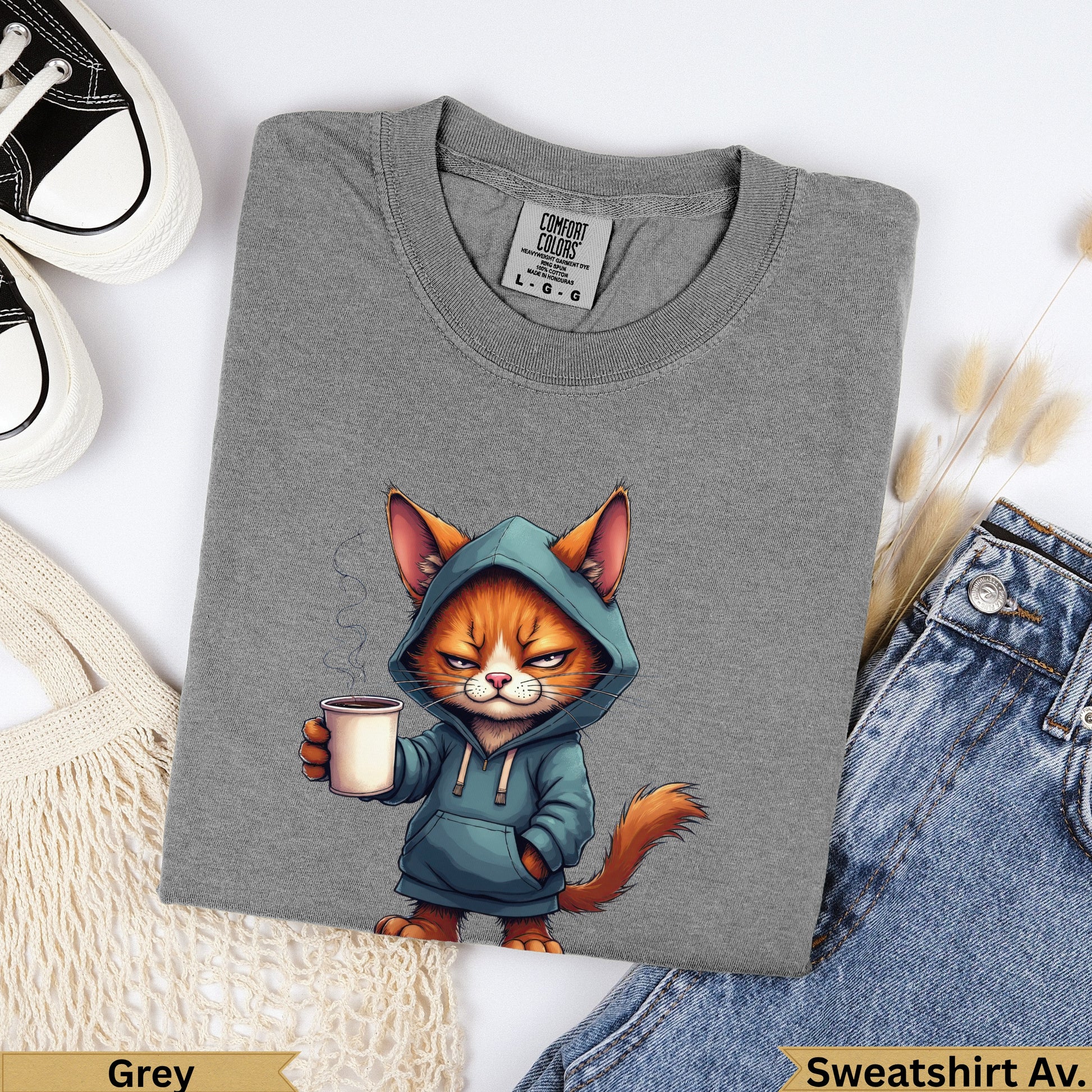Grey hooded sweatshirt featuring a cartoon cat holding a coffee mug.