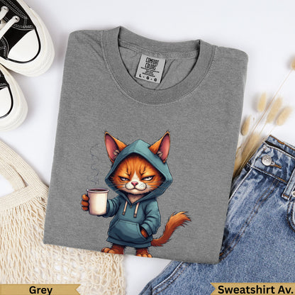 Grey hooded sweatshirt featuring a cartoon cat holding a coffee mug.