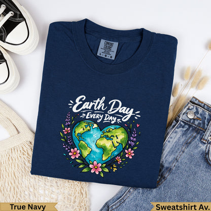 Navy blue Comfort Colors t-shirt with Earth Day heart graphic and floral border.