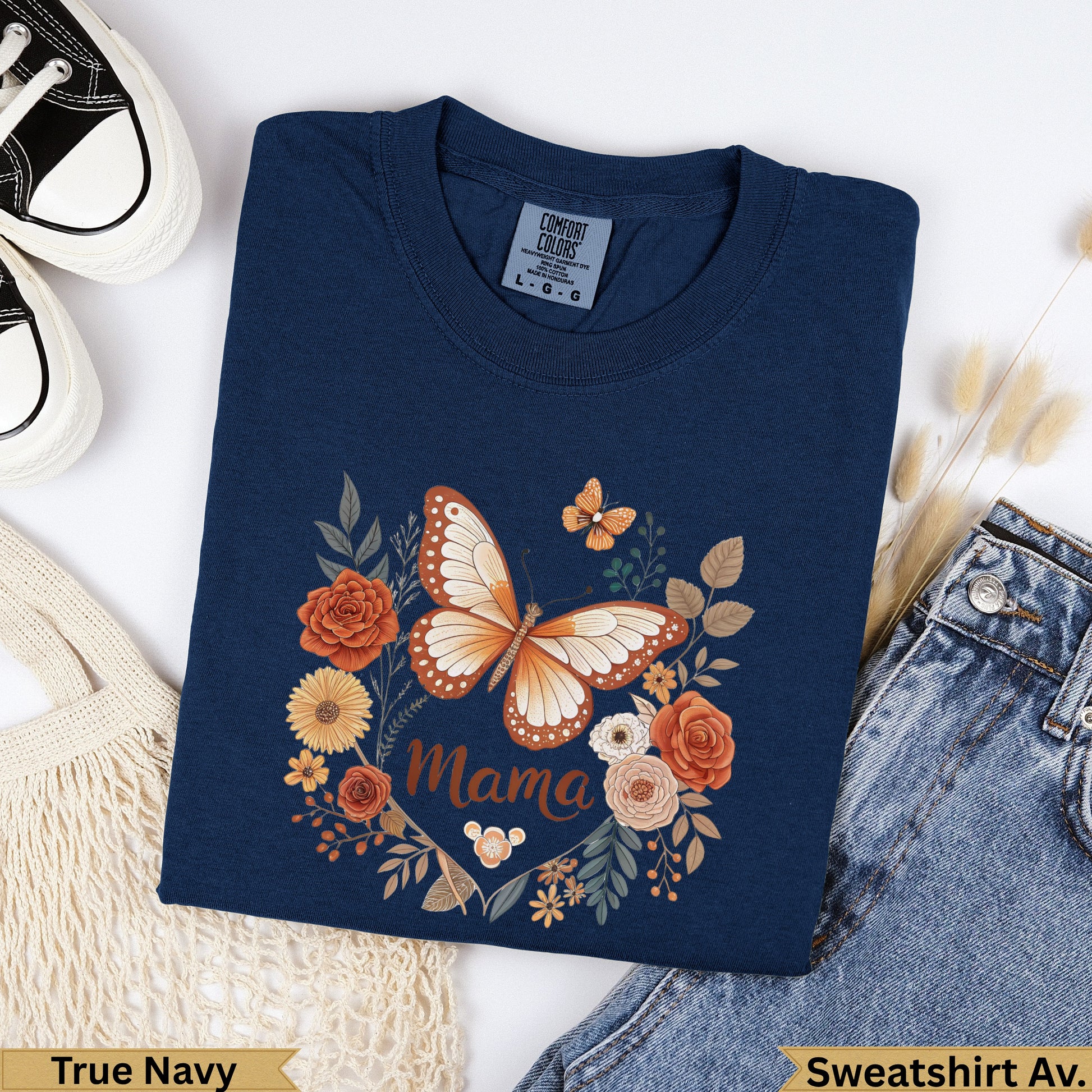 Navy t-shirt with butterfly and floral design, "Mama" text.