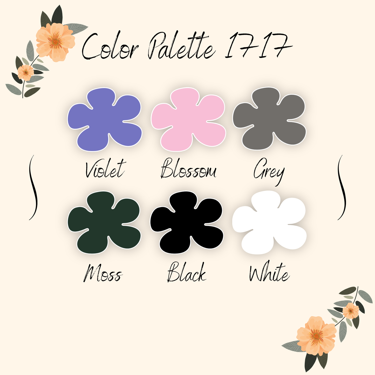 Color palette 1717 with swatches for Violet, Blossom, Grey, Moss, Black, and White.