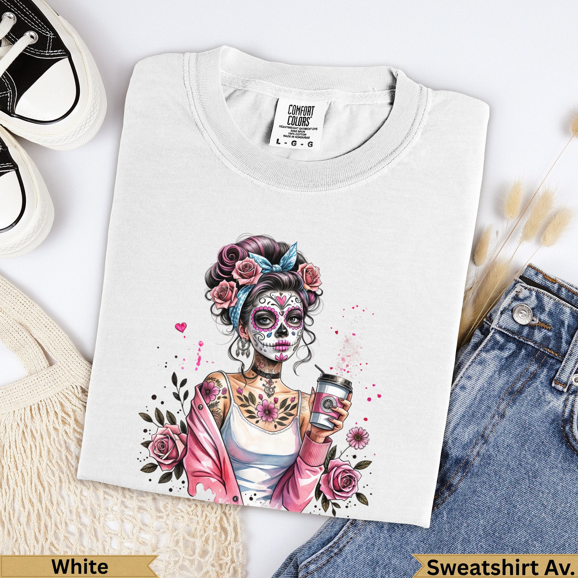 T-shirt with skull tattoo artwork, roses, and coffee cup, white color.