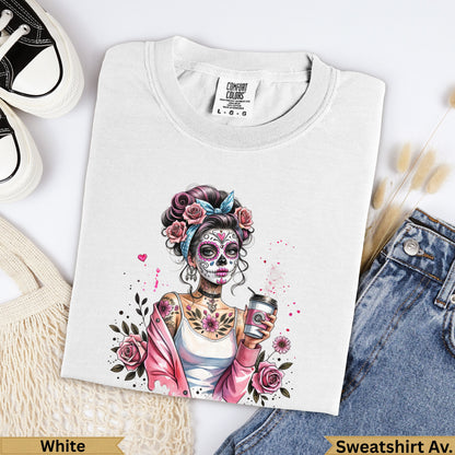 T-shirt with skull tattoo artwork, roses, and coffee cup, white color.
