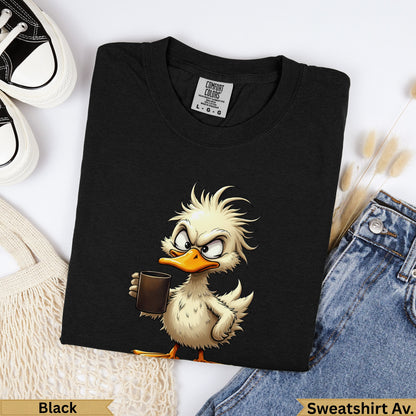 Black t-shirt with cartoon duck holding a coffee mug.