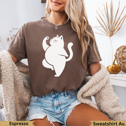 Brown crewneck sweatshirt with a white cat doing yoga pose.