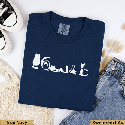 Navy sweatshirt with white cat silhouette graphic and "True Navy" text.
