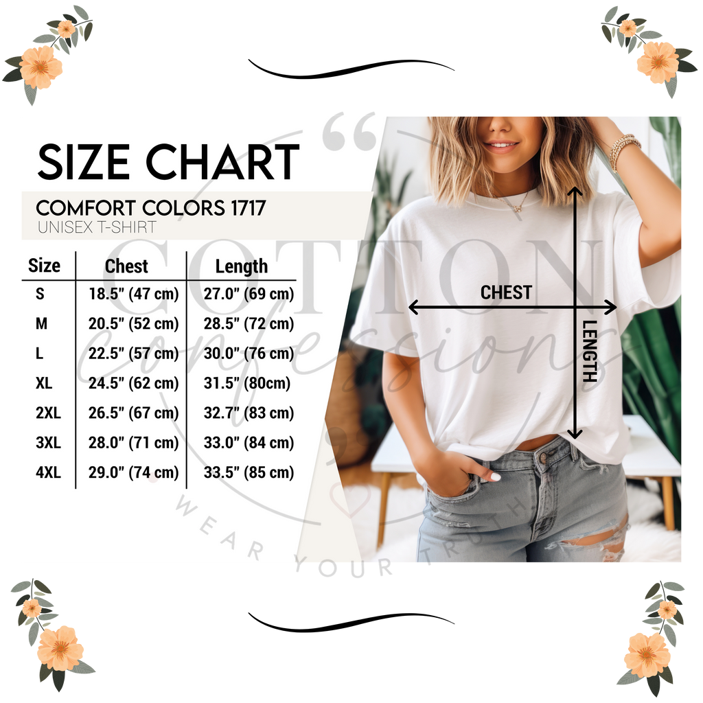 Comfort Colors 1717 unisex t-shirt size chart with chest and length measurements.
