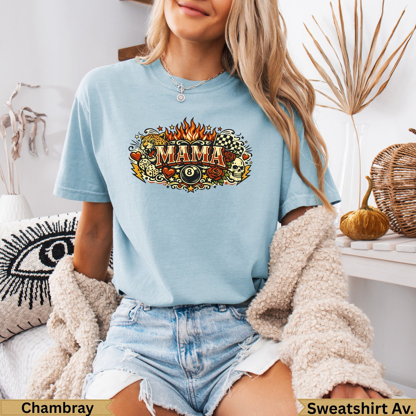 Light blue t-shirt with "Mama" in fiery letters and billiards, skull, and checkered flag graphics.
