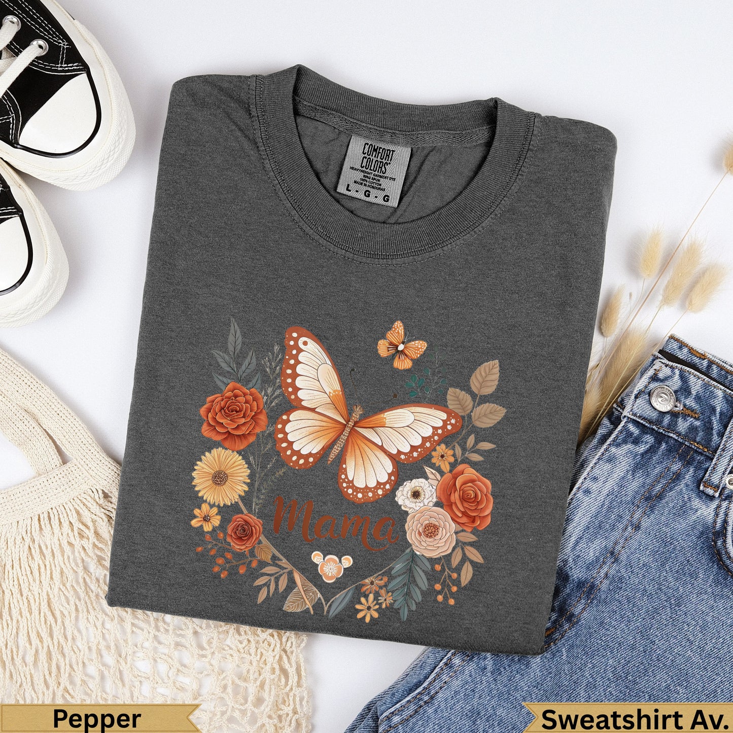 Dark gray Comfort Colors sweatshirt with butterfly and floral graphic, "Mama" text.