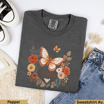 Dark gray Comfort Colors sweatshirt with butterfly and floral graphic, "Mama" text.