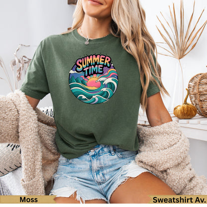 Green t-shirt with colorful "Summer Time" graphic of sun, waves, and mountains.