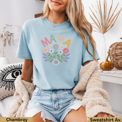 Light blue t-shirt with "MAMA" and floral embroidery.