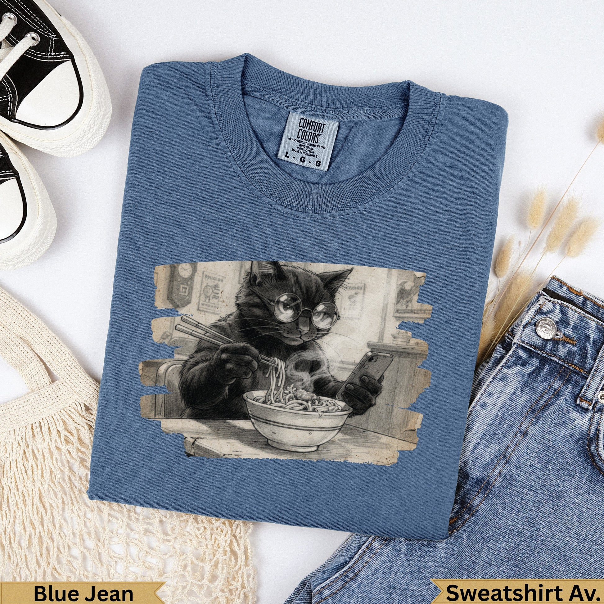 Black cat wearing glasses eating noodles from a bowl.