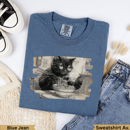 Black cat wearing glasses eating noodles from a bowl.