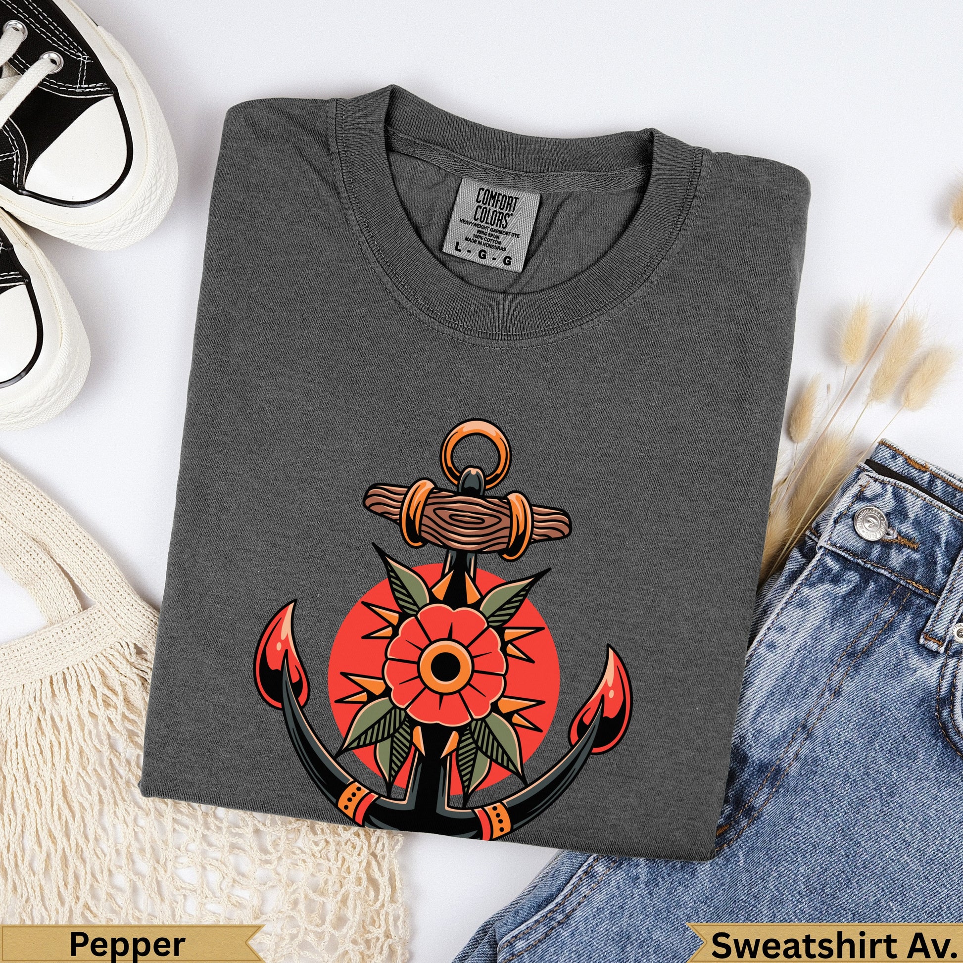 Charcoal grey Comfort Colors sweatshirt with anchor and flower graphic, "Pepper" text.