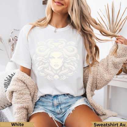 White t-shirt with a Medusa graphic and text "Sweatshirt Av."