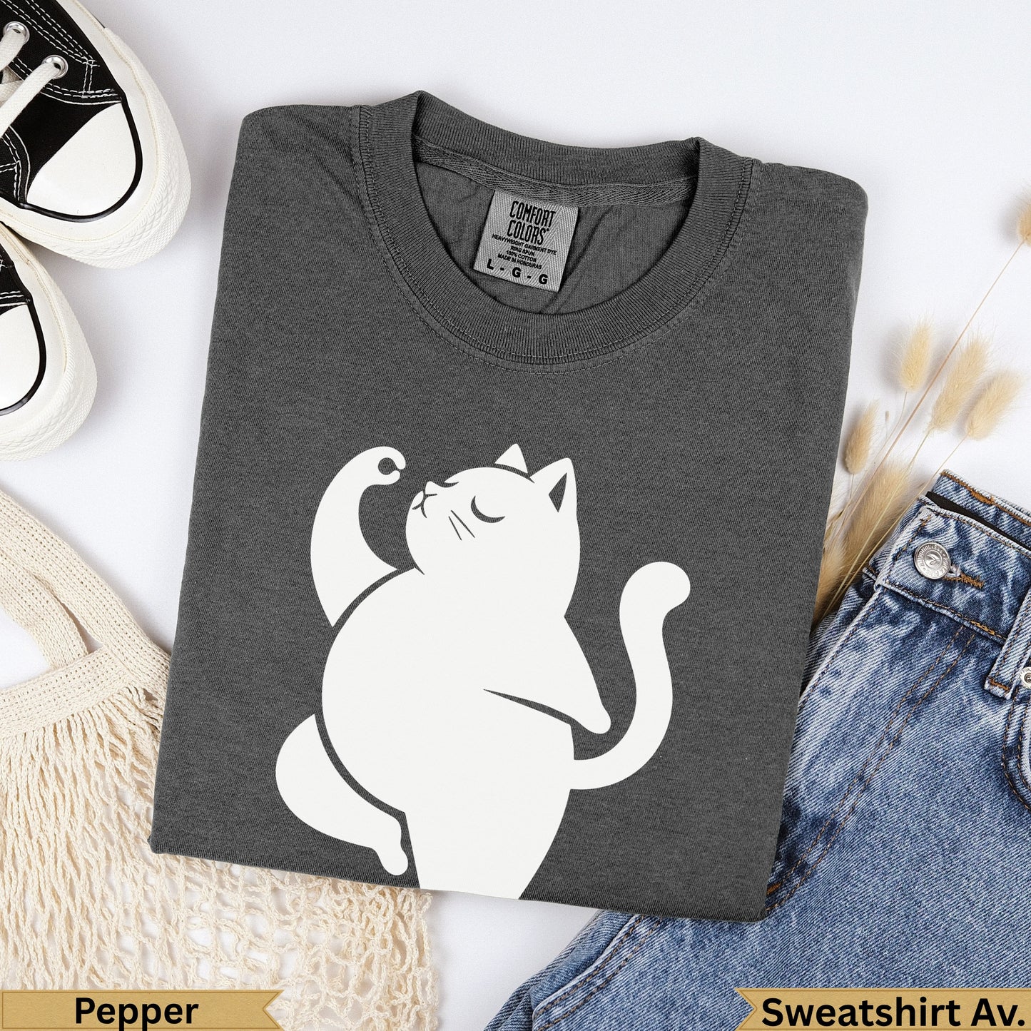 Dark gray Comfort Colors sweatshirt with white cat graphic and "Pepper" text.
